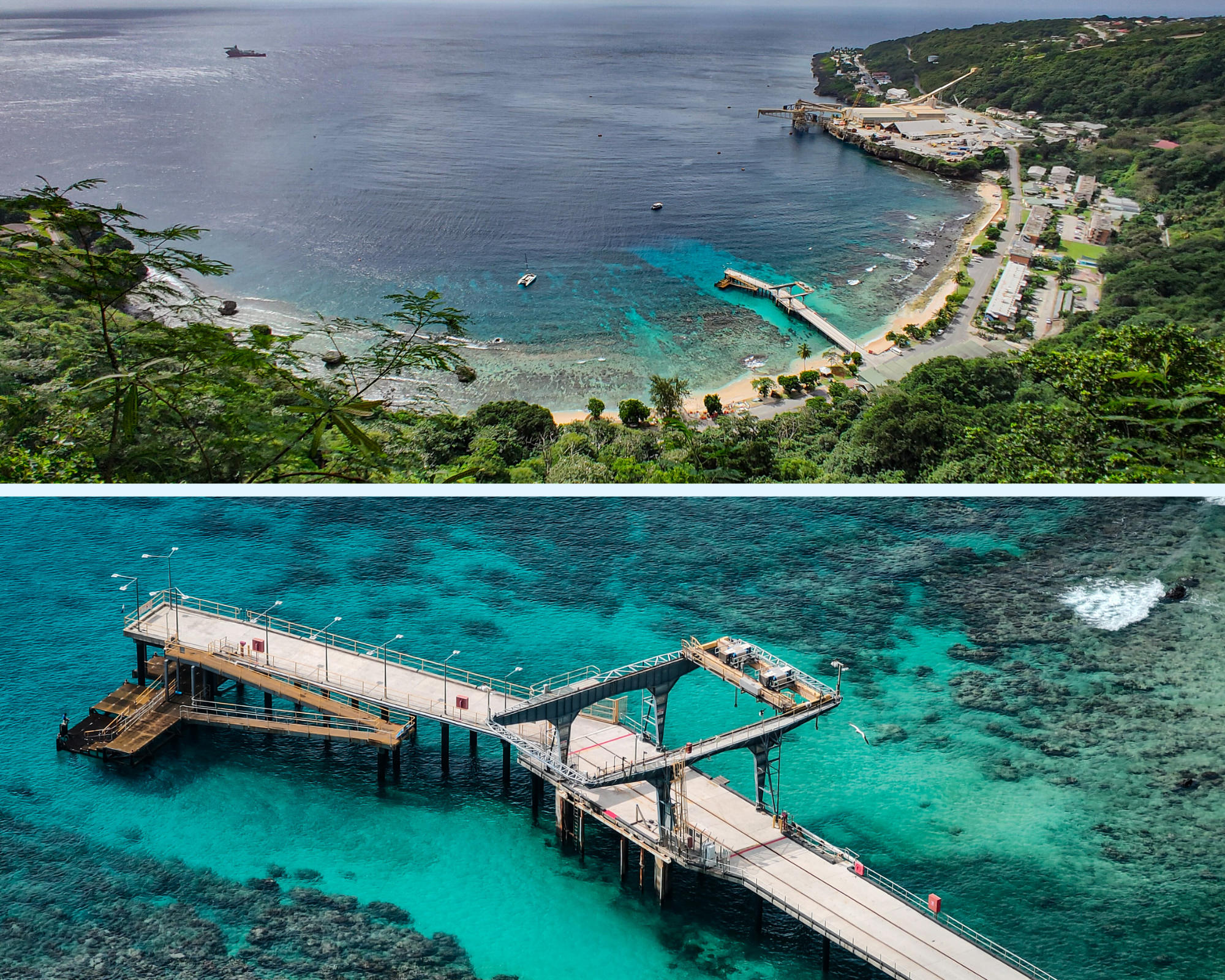 A photocollage showing Flying Fish Cove taken from the viewpoint at Territory Day Park and the commercial jetty in the Cove